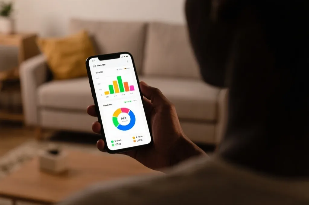 An anonymous person holding a smartphone displaying a clean sports statistics dashboard with colorful charts